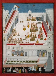 Maharana Jagat Singh II et nobles regardant les drames de danse Raslila, vers 1736-40